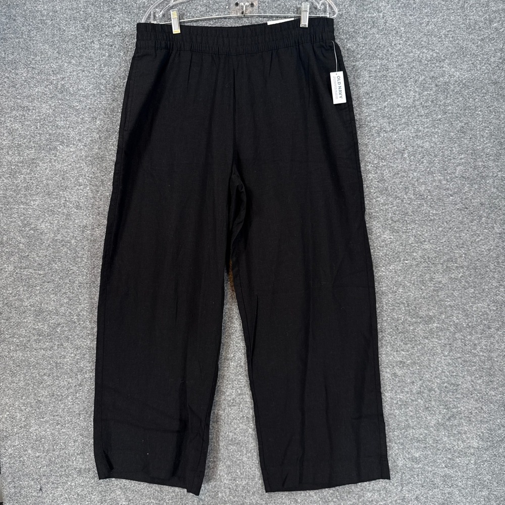 Old Navy Wide Leg Pants Womens Large Black High Rise Linen Blend Pull On NEW